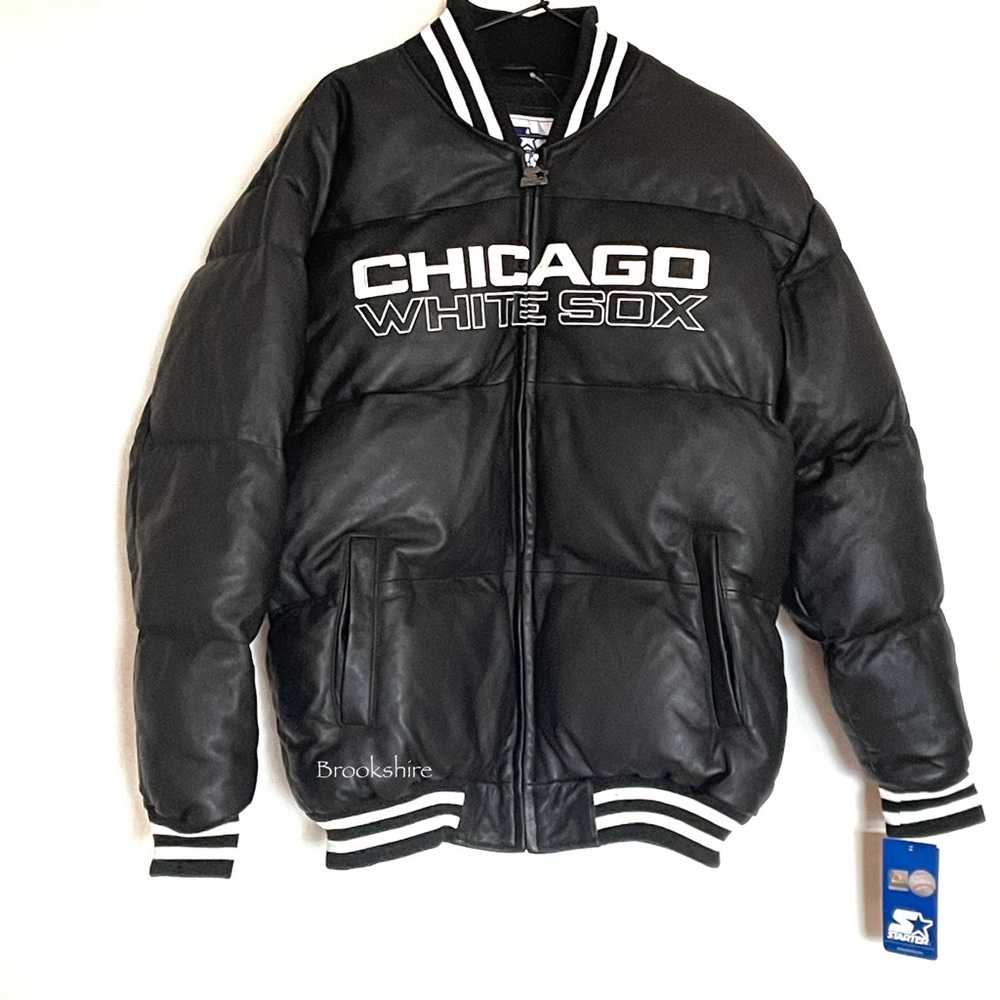 Starter Chicago White Sox Leather Duck Down Puffer Jacket Size Medium